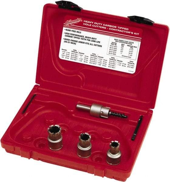 Milwaukee Tool - 5 Piece, 11/16" to 15/16" Saw Diam, Contractor's Hole Saw Kit - Carbide-Tipped, Gulleted Edge, Pilot Drill Model No. 49-57-0035, 49-57-0038, Includes 3 Hole Saws - Makers Industrial Supply