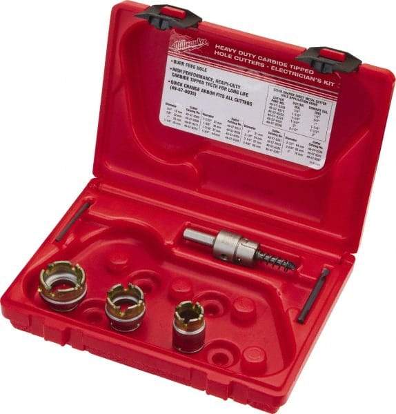 Milwaukee Tool - 5 Piece, 7/8" to 1-3/8" Saw Diam, Electrician's Hole Saw Kit - Carbide-Tipped, Gulleted Edge, Pilot Drill Model No. 49-57-0035, 49-57-0038, Includes 3 Hole Saws - Makers Industrial Supply