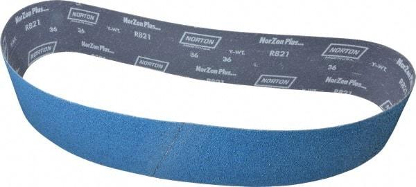 Norton - 4" Wide x 54" OAL, 36 Grit, Zirconia Alumina Abrasive Belt - Zirconia Alumina, Very Coarse, Coated, Y Weighted Cloth Backing, Series R821 - Makers Industrial Supply