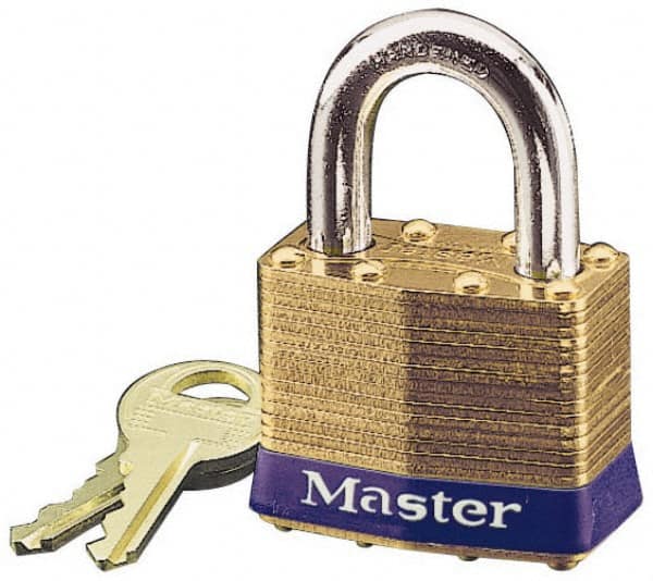 Master Lock - 15/16" Shackle Clearance, Keyed Different Laminated Brass Padlock - 5/16" Shackle Diam, Brass - Makers Industrial Supply