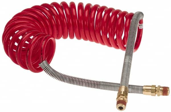 Parker - 3/8" ID, 1/2 x 1/2 Thread, 15' Long, Red SAE J844 Type B Nylon Coiled & Self Storing Hose - 150 Max psi, Parker NTA Brass Fittings - Makers Industrial Supply