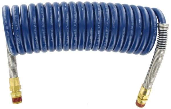 Parker - 3/8" ID, 1/2 x 1/2 Thread, 15' Long, Blue SAE J844 Type B Nylon Coiled & Self Storing Hose - 150 Max psi, Parker NTA Brass Fittings - Makers Industrial Supply