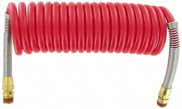 Parker - 3/8" ID, 1/2 x 1/2 Thread, 15' Long, Red SAE J844 Type B Nylon Coiled & Self Storing Hose - 150 Max psi, Parker NTA Brass Fittings - Makers Industrial Supply