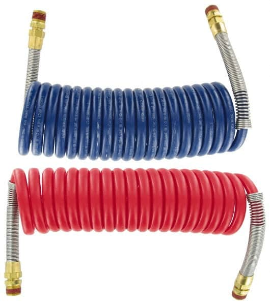 Parker - 3/8" ID, 1/2 x 1/2 Thread, 15' Long, (1) Red & (1) Blue SAE J844 Type B Nylon Coiled & Self Storing Hose - 150 Max psi, Parker NTA Brass Fittings - Makers Industrial Supply