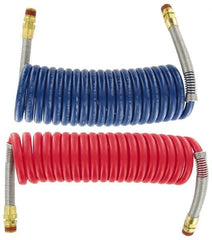 Parker - 3/8" ID, 1/2 x 1/2 Thread, 15' Long, (1) Red & (1) Blue SAE J844 Type B Nylon Coiled & Self Storing Hose - 150 Max psi, Parker NTA Brass Fittings - Makers Industrial Supply