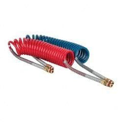 Parker - 3/8" ID, 1/2 x 1/2 Thread, 15' Long, (1) Red & (1) Blue SAE J844 Type B Nylon Coiled & Self Storing Hose - 150 Max psi, Parker NTA Brass Fittings - Makers Industrial Supply