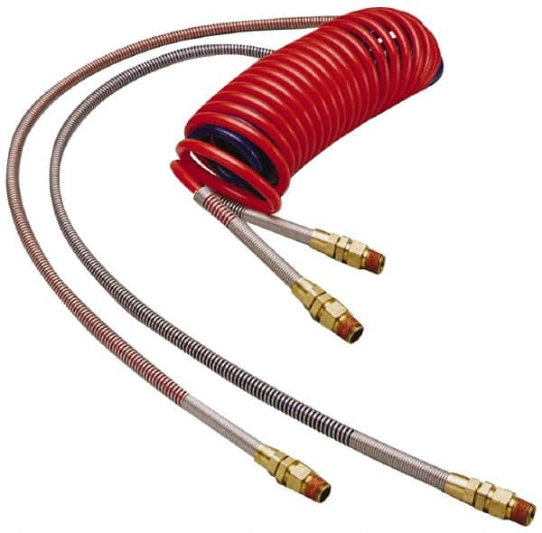 Parker - 3/8" ID, 1/2 x 1/2 Thread, 15' Long, (1) Red & (1) Blue SAE J844 Type B Nylon Coiled & Self Storing Hose - 150 Max psi, Parker NTA Brass Fittings - Makers Industrial Supply