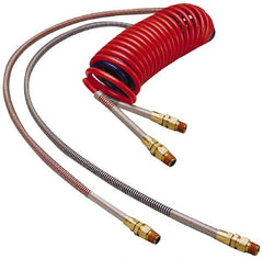 Parker - 3/8" ID, 1/2 x 1/2 Thread, 15' Long, (1) Red & (1) Blue SAE J844 Type B Nylon Coiled & Self Storing Hose - 150 Max psi, Parker NTA Brass Fittings - Makers Industrial Supply