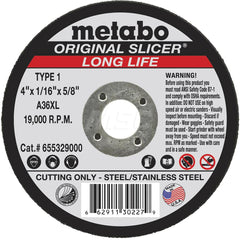 Cut-Off Wheel: Type 1, 4″ Dia, 5/8″ Hole, Aluminum Oxide 36 Grit, 19000 Max RPM