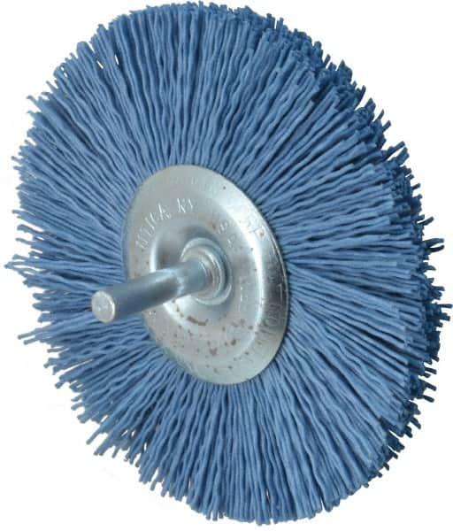 Value Collection - 4" OD, 1/4" Shank Diam, Crimped Nylon Wheel Brush - 1/4" Face Width, 5/16" Trim Length, 4,500 RPM - Makers Industrial Supply