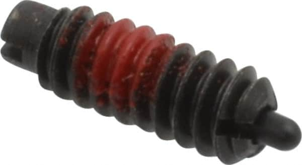 Jergens - 6-32, 3/8" Thread Length, 1/16" Plunger Projection, Steel Threaded Spring Plunger - 0.046" Max Plunger Diam, 3/8" Plunger Length, 0.5 Lb Init End Force, 3.5 Lb Final End Force - Makers Industrial Supply