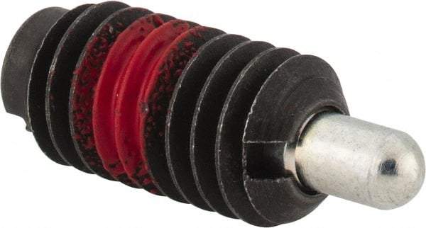 Jergens - 5/16-18, 5/8" Thread Length, 3/16" Plunger Projection, Steel Threaded Spring Plunger - 0.135" Max Plunger Diam, 5/8" Plunger Length, 0.5 Lb Init End Force, 4.5 Lb Final End Force - Makers Industrial Supply