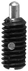 Jergens - 5/16-18, 5/8" Thread Length, 3/16" Plunger Projection, Steel Threaded Spring Plunger - 0.135" Max Plunger Diam, 5/8" Plunger Length, 0.5 Lb Init End Force, 10 Lb Final End Force - Makers Industrial Supply