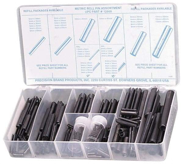 Precision Brand - 287 Piece, 1.5 to 10mm Pin Diam, Spring Pin Assortment - 1.5 to 80mm Long, Steel - Makers Industrial Supply