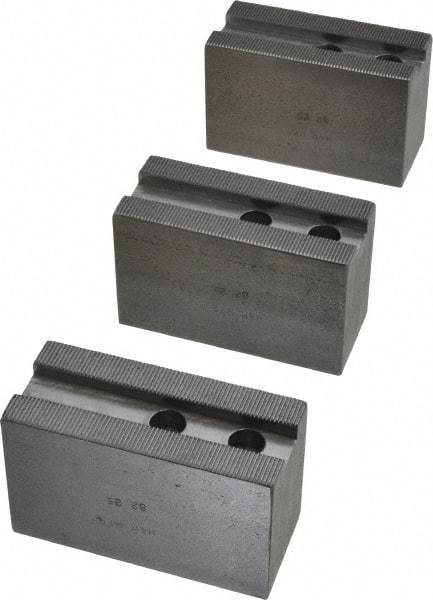 H & R Manufacturing - 1.5mm x 60° Serrated Attachment, Square Soft Lathe Chuck Jaw - 3 Jaws, Steel, 1.181" Btw Mount Hole Ctrs, 4" Long x 1-3/4" Wide x 2-1/2" High, 0.63" Groove, 12mm Fastener - Makers Industrial Supply