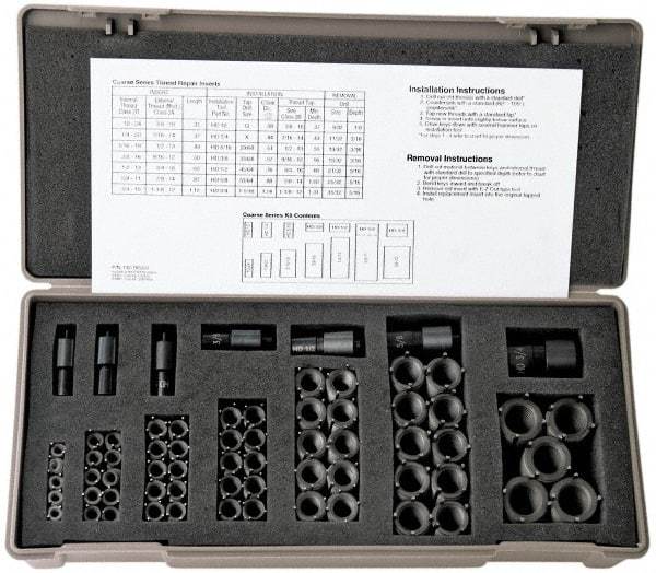 Jergens - 60 Inserts, #10-24 - 3/4-10 Internal Thread, #10-24, 1/4-20, 5/16-18, 3/8-16, 1/2-13, 5/8-11, 3/4-10 UNC, Carbon Steel, Thread Repair Kit - 0.31, 0.37, 0.43, 0.5, 0.62, 0.87, 1.12" Insert Length, Includes Installation Tool - Exact Industrial Supply