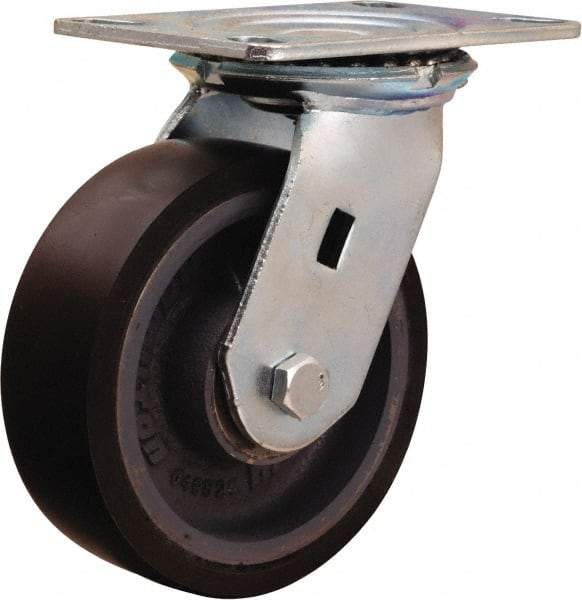 Hamilton - 6" Diam x 2" Wide x 7-1/2" OAH Top Plate Mount Swivel Caster - Polyurethane Mold onto Cast Iron Center, 1,500 Lb Capacity, Sealed Precision Ball Bearing, 4-1/2 x 6-1/4" Plate - Makers Industrial Supply