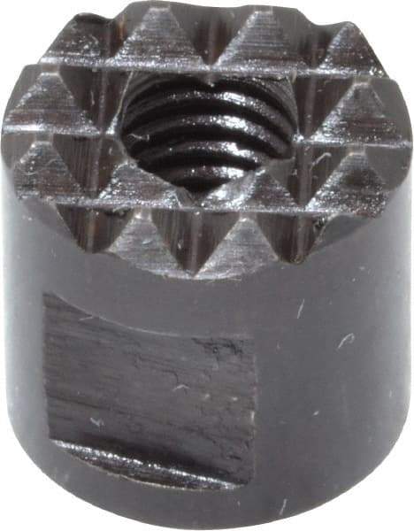 Fairlane - 10-32 Thread, 3/8" Diam, 3/8" High, Threaded, Extra Fine Tooth Grade Diamond Serration Tooth Pattern, High Speed Steel, Round Positioning Gripper - 3/16" Flat Width, Black Oxide Coated - Makers Industrial Supply