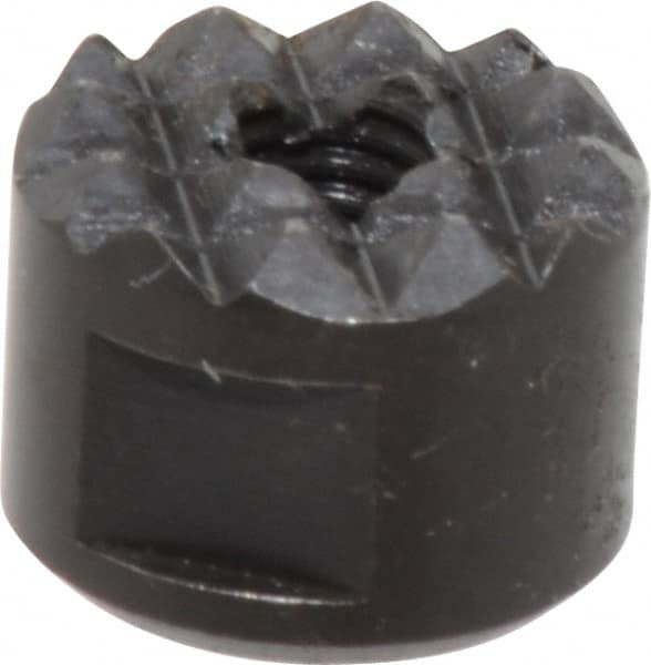 Fairlane - 10-32 Thread, 1/2" Diam, 3/8" High, Threaded, Fine Tooth Grade Diamond Serration Tooth Pattern, High Speed Steel, Round Positioning Gripper - 3/16" Flat Width, Black Oxide Coated - Makers Industrial Supply