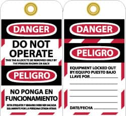 NMC - 3" High x 6" Long, DANGER - DO NOT OPERATE - THIS TAG & LOCK TO BE REMOVED ONLY BY THE PERSON SHOWN ON BACK, English & Spanish Safety & Facility Lockout Tag - Tag Header: Danger, 2 Sides, Black, Red & White Unrippable Vinyl - Makers Industrial Supply