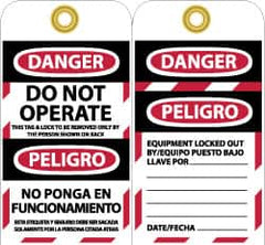 NMC - 3" High x 6" Long, DANGER - DO NOT OPERATE - EQUIPMENT TAG-OUT, English & Spanish Safety & Facility Lockout Tag - Tag Header: Danger, 2 Sides, Black, Red & White Unrippable Vinyl - Makers Industrial Supply