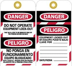 NMC - 3" High x 6" Long, DANGER - DO NOT OPERATE - EQUIPMENT LOCK-OUT - THIS TAG & LOCK TO BE REMOVED ONLY BY THE PERSON SHOWN ON BACK, English & Spanish Safety & Facility Lockout Tag - Tag Header: Danger, 2 Sides, Black, Red & White Unrippable Vinyl - Makers Industrial Supply