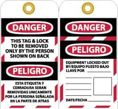 NMC - 3" High x 6" Long, DANGER - THIS TAG & LOCK TO BE REMOVED ONLY BY THE PERSON SHOWN ON BACK, English & Spanish Safety & Facility Lockout Tag - Tag Header: Danger, 2 Sides, Black, Red & White Unrippable Vinyl - Makers Industrial Supply