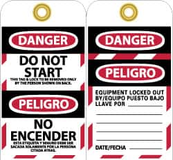 NMC - 3" High x 6" Long, DANGER - DO NOT START - THIS TAG & LOCK TO BE REMOVED ONLY BY THE PERSON SHOWN ON BACK, English & Spanish Safety & Facility Lockout Tag - Tag Header: Danger, 2 Sides, Black, Red & White Unrippable Vinyl - Makers Industrial Supply