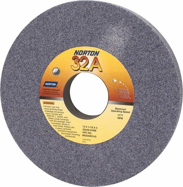 Norton - 12" Diam x 3" Hole x 1-1/2" Thick, H Hardness, 46 Grit Surface Grinding Wheel - Aluminum Oxide, Type 1, Coarse Grade, 2,070 Max RPM, Vitrified Bond, No Recess - Makers Industrial Supply