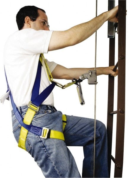 Ladder Safety Systems; Type: Ladder Safety System; Length (Feet): 100.0 ft; Automatic Pass Through: No; Diameter (Inch): 5/16; Material: Stainless Steel Cable; Includes: Cable Guide; Safety Sleeve w/Energy Absorber; Carabiner; Ladder Climber's Harness; Up