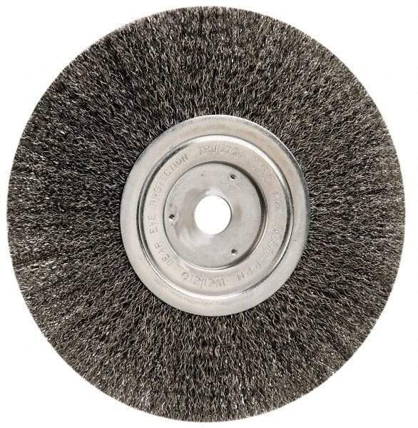 Weiler - 8" OD, 3/4" Arbor Hole, Crimped Steel Wheel Brush - 1/2" Face Width, 2-1/16" Trim Length, 0.014" Filament Diam, 6,000 RPM - Makers Industrial Supply