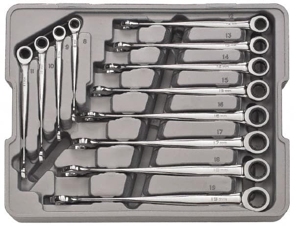 GearWrench - 12 Piece, 8mm to 19mm, 12 Point Combination Wrench Set - Metric Measurement Standard, Full Polish Finish, Comes in Plastic Tray - Makers Industrial Supply