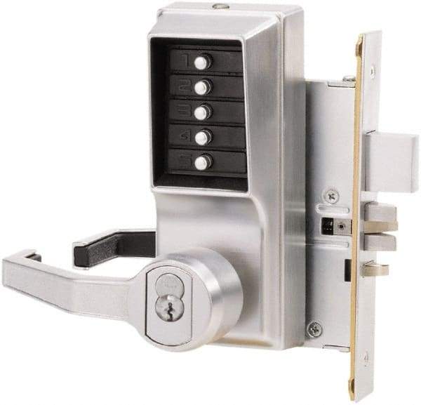 Kaba Access - Combination Entry Lever Lockset with Key Override - 2-3/4" Back Set, No Cylinder, Zamak3, Satin Chrome Finish - Makers Industrial Supply