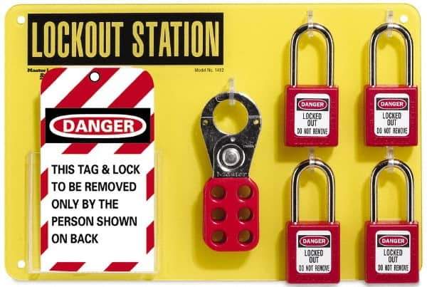 NMC - Equipped Acrylic Tag and Padlock / Hasp Station - 12 Inch Wide x 8 Inch High, Black on Yellow - Makers Industrial Supply