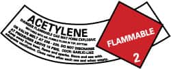 NMC - Hazardous Materials Label - Legend: Acetylene Gas - Flammable 2, English, Red, Black & White, 5-1/4" Long x 2" High, Sign Muscle Finish - Makers Industrial Supply