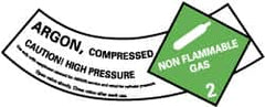 NMC - Hazardous Materials Label - Legend: Argon - Compressed - Caution! - High Pressure - Non Flammable - Gas 2, English, Green, Black & White, 5-1/4" Long x 2" High, Sign Muscle Finish - Makers Industrial Supply