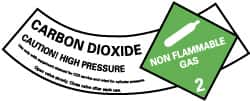 NMC - Hazardous Materials Label - Legend: Carbon Dioxide - Caution! - High Pressure - Non Flammable - Gas 2, English, Green, Black & White, 5-1/4" Long x 2" High, Sign Muscle Finish - Makers Industrial Supply