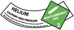 NMC - Hazardous Materials Label - Legend: Helium - Caution! High Pressure - Non Flammable Gas - 2, English, Green, Black & White, 5-1/4" Long x 2" High, Sign Muscle Finish - Makers Industrial Supply