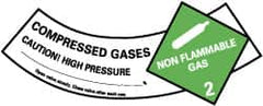 NMC - Hazardous Materials Label - Legend: Compressed Gases - Caution! - High Pressure - Non Flammable - Gas 2, English, Green, Black & White, 5-1/4" Long x 2" High, Sign Muscle Finish - Makers Industrial Supply