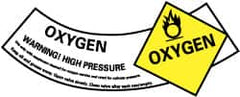 NMC - Hazardous Materials Label - Legend: Oxygen Warning! High Pressure, English, Yellow, Black & White, 5-1/4" Long x 2" High, Sign Muscle Finish - Makers Industrial Supply