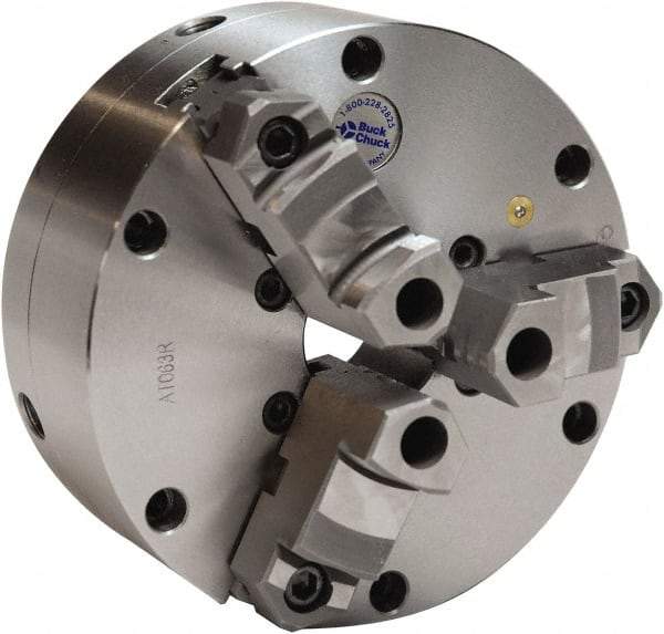 Buck Chuck Company - 3 Jaws, 10" Diam, Self Centering Manual Lathe Chuck - Plain Back Mount Spindle, Adjustable, Reversible, 2,000 Max RPM, 2-63/64" Through Hole Diam, Cast Iron - Makers Industrial Supply