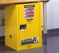 Justrite - 1 Door, 1 Shelf, Yellow Steel Space Saver Safety Cabinet for Flammable and Combustible Liquids - 35" High x 23-1/4" Wide x 18" Deep, Self Closing Door, 12 Gal Capacity - Makers Industrial Supply