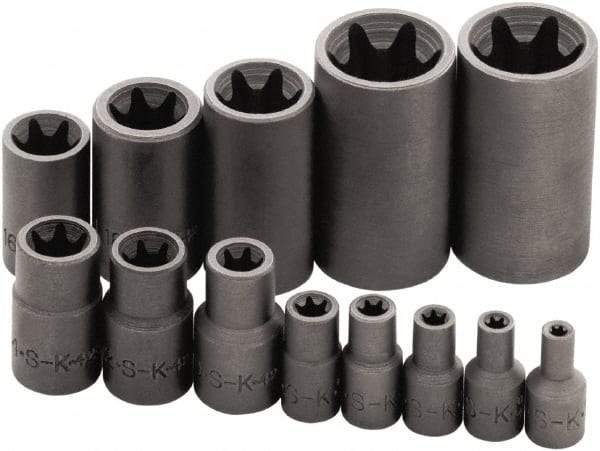 SK - 13 Piece 1/4, 3/8 & 1/2" Drive Standard Socket Set - 6 Points, E4 to E24 Torx, Torx Measurement Standard - Makers Industrial Supply