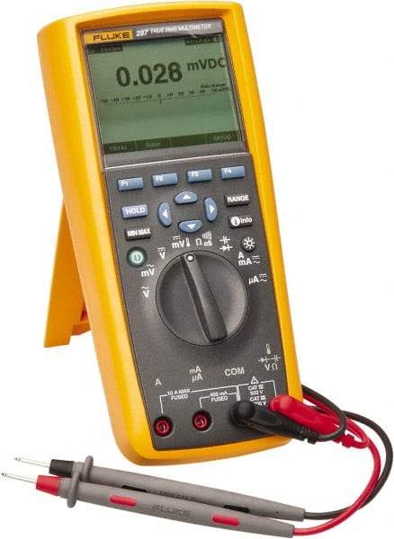 Fluke - 287, CAT IV, CAT III, 1,000 VAC/VDC, Digital True RMS Auto Ranging Manual Ranging Multimeter - 500 mOhm, Measures Voltage, Capacitance, Current, Frequency, Resistance, Temperature - Makers Industrial Supply