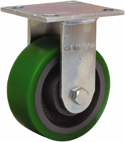 Hamilton - 5" Diam x 2" Wide x 6-1/2" OAH Top Plate Mount Rigid Caster - Polyurethane Mold onto Cast Iron Center, 900 Lb Capacity, Sealed Precision Ball Bearing, 4 x 4-1/2" Plate - Makers Industrial Supply