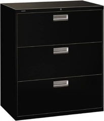 Hon - 36" Wide x 40-7/8" High x 19-1/4" Deep, 3 Drawer Lateral File with Lock - Steel, Black - Makers Industrial Supply