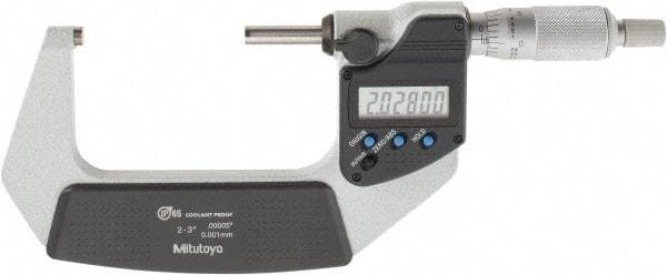 Mitutoyo - 2 to 3 Inch Range, 0.0001 Inch Resolution, Standard Throat, IP65 Electronic Outside Micrometer - 0.0001 Inch Accuracy, Ratchet Stop Thimble, Carbide Face, SR44 Battery, Includes Plastic Case - Makers Industrial Supply