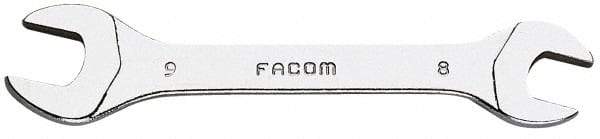 Facom - 8mm x 9mm Stubby Open End Wrench - 3-1/2" OAL, Double End, Satin Finish, 15° Head Angle - Makers Industrial Supply