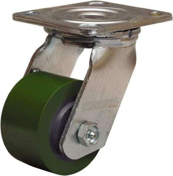 Hamilton - 3-1/4" Diam x 2" Wide x 5-1/4" OAH Top Plate Mount Swivel Caster - Polyurethane Mold onto Cast Iron Center, 575 Lb Capacity, Straight Roller Bearing, 4 x 4-1/2" Plate - Makers Industrial Supply