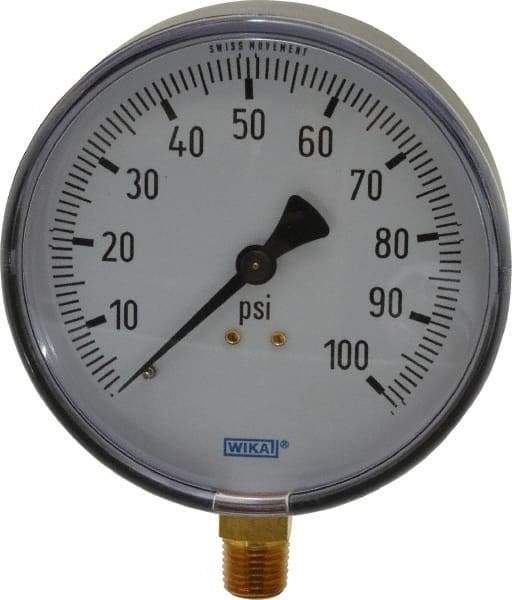 Wika - 4" Dial, 1/4 Thread, 0-100 Scale Range, Pressure Gauge - Lower Connection Mount, Accurate to 3-2-3% of Scale - Makers Industrial Supply